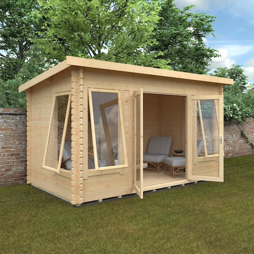 Daffodil Log Cabin – Contemporary design, 44mm thick logs, under 2.5m high Garden Room with Full Glazed Doors & Windows