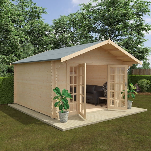 Orchid Log Cabin – 44mm thick logs, under 2.5m high, Apex roof Garden Building with Full-Length Glazing