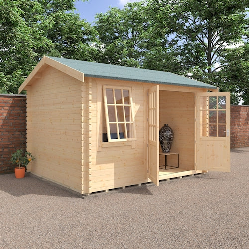 The Sorrel Log Cabin – Contemporary Garden Office or Studio with Apex Roof, Georgian Style Large Window & Double Doors | 44mm Timber