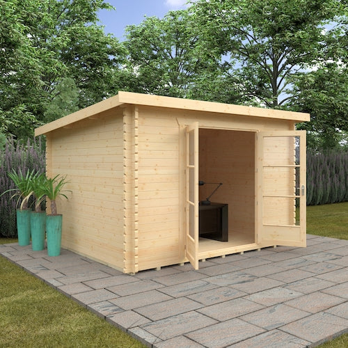 The Primrose Log Cabin – Large Garden Workshop or Office with Double Doors & Pent Roof | 44mm Timber
